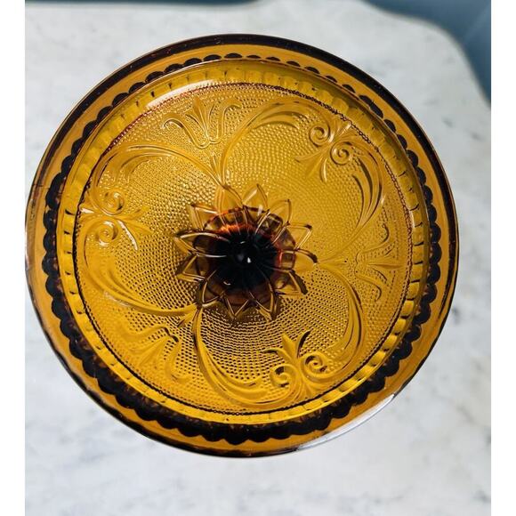 Vintage 8.5” T Tierra Amber Brown Press Cut Glass Candlestick Holder Home Decor - Picture 10 of 16